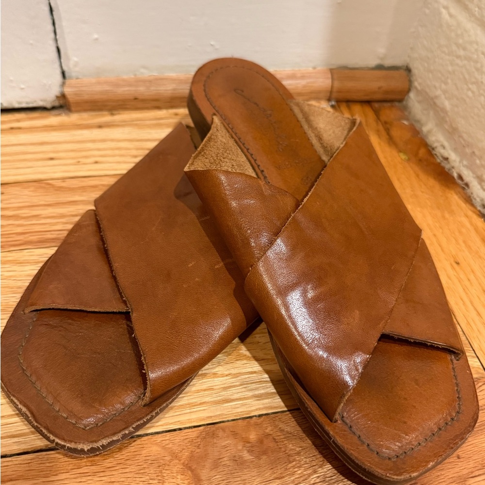 Cinderella Brown Leather Crisscross Slide Sandals